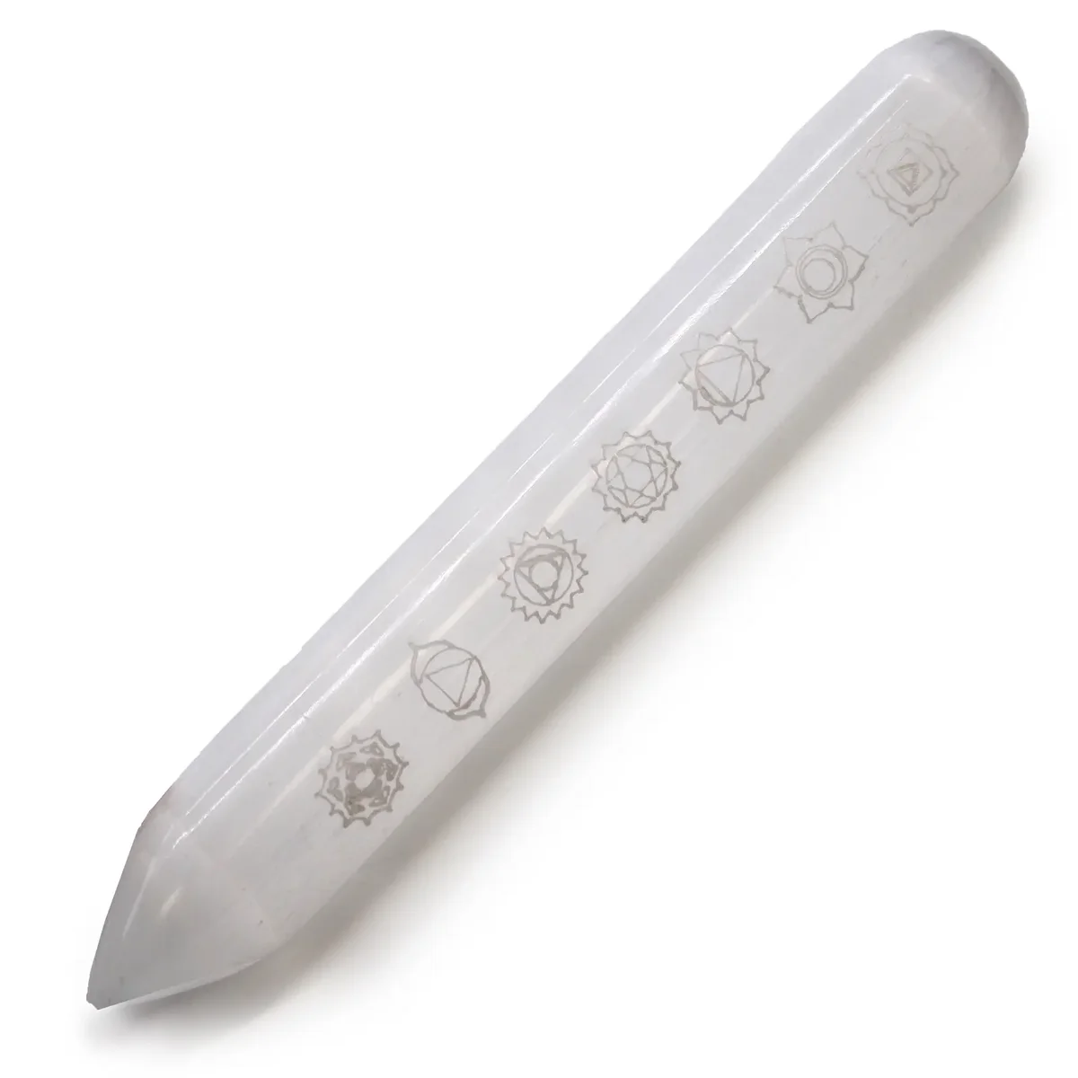 16 cm selenite wand with one pointed end, designed as a 7 chakra wand for energy healing and meditation