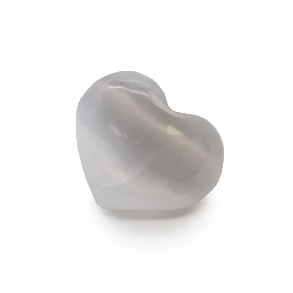 Small 3-4cm polished selenite heart ornament with smooth, translucent white surface on plain background