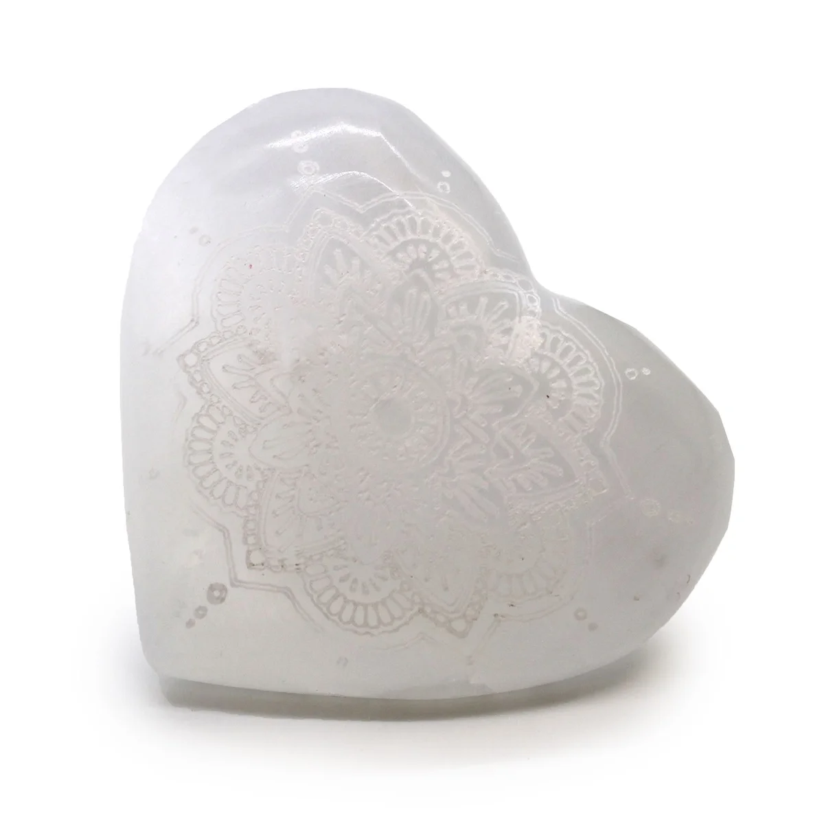 Selenite heart ornament 7-8cm with intricate mandala engraving on smooth white crystal surface