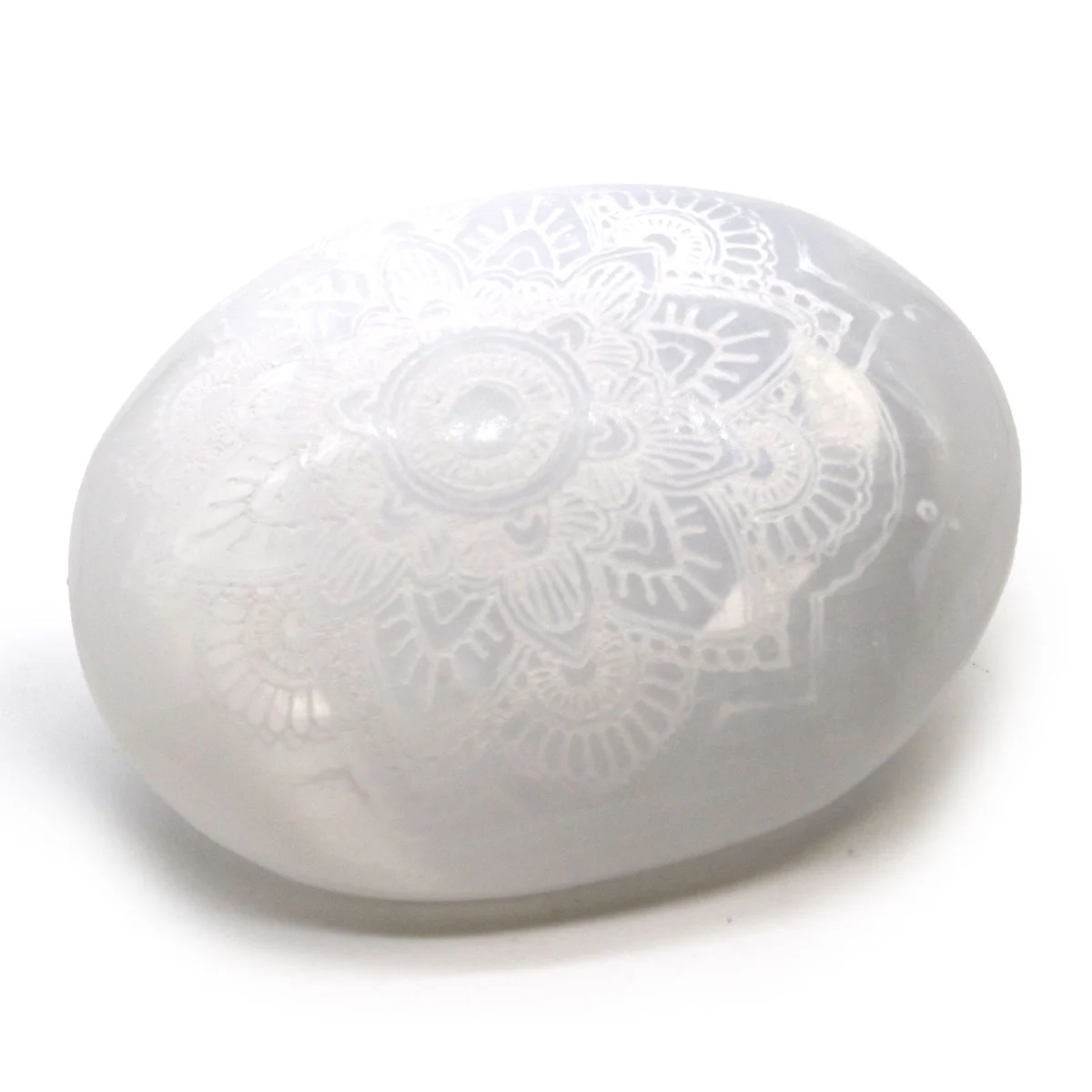 Selenite palm stone with mandala engraving, smooth white crystal shaped to fit in hand