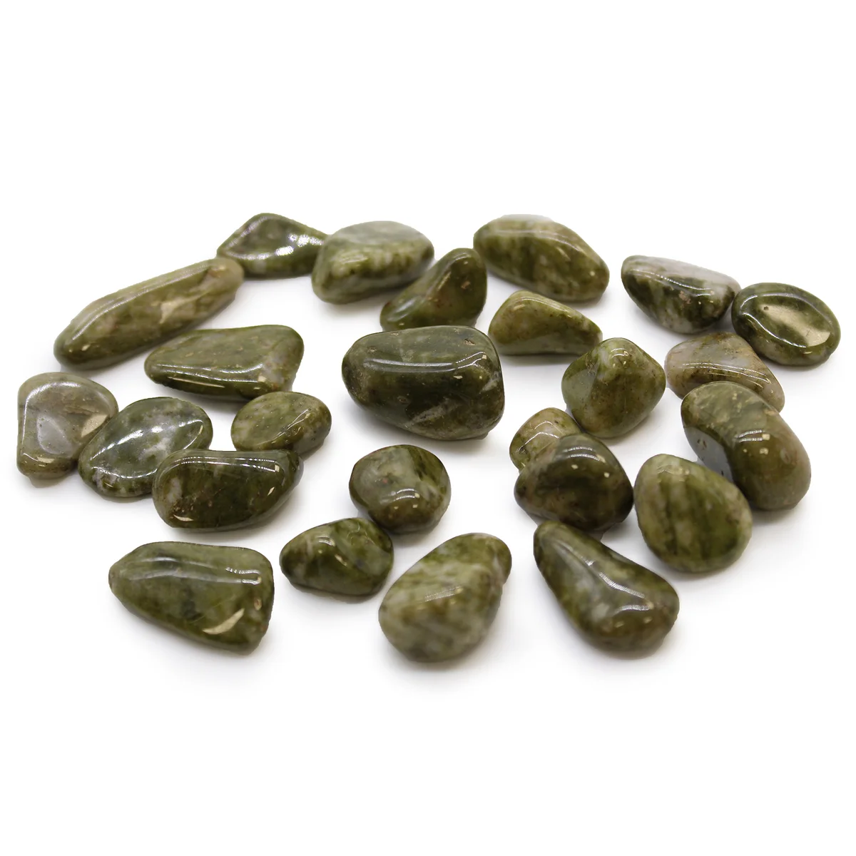 Small tumble stones in green and white Epidote Snowflake pattern, polished and smooth, from Africa, displayed on white background