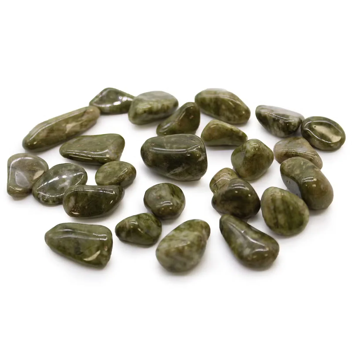 Small African Epidote Snowflake decorative tumble stones with green and white patterns displayed on a white background