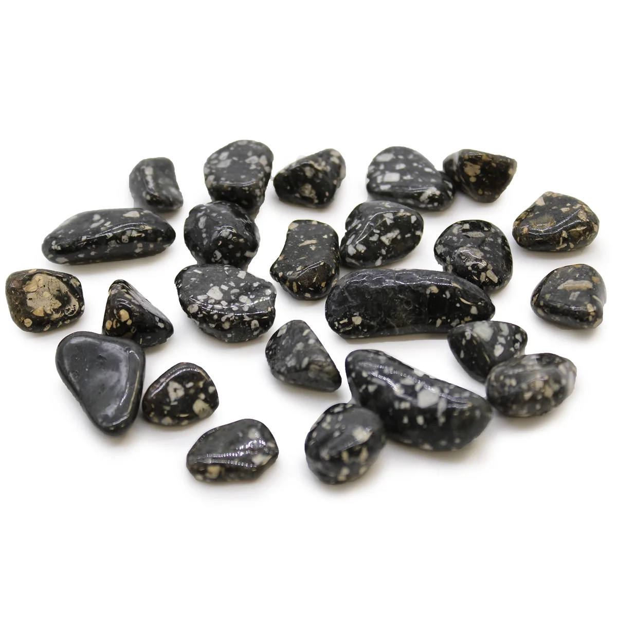 Small African tumble stones shaped like Guinea fowl ornaments, polished and smooth, displayed on a white background