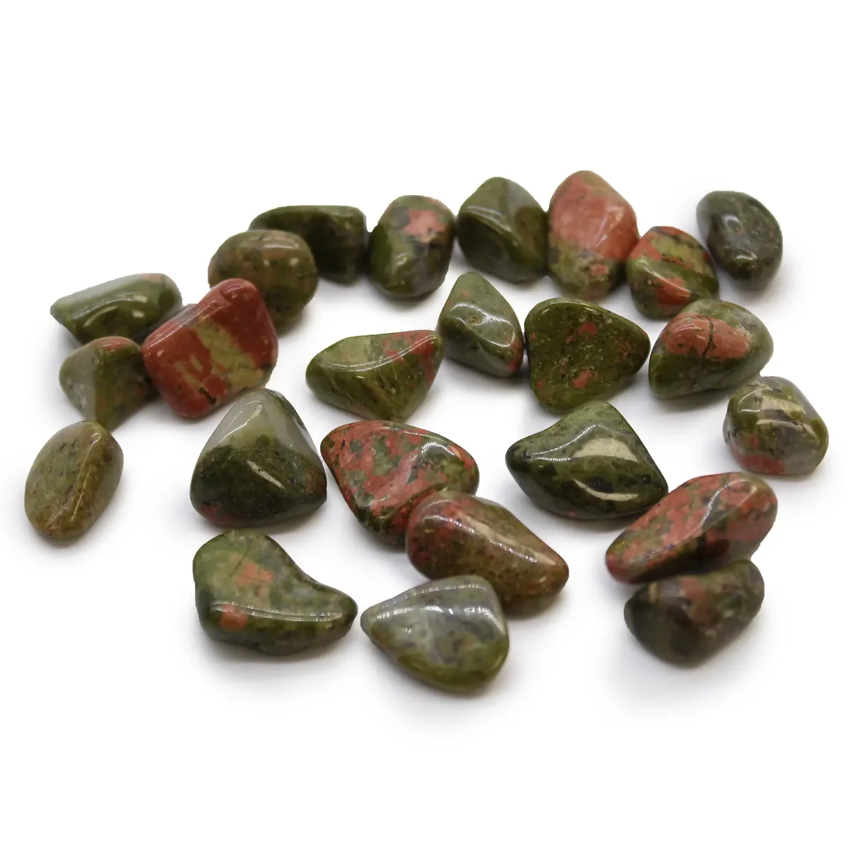 Small polished green and pink African tumble stones known as Unakite, displayed on a white background