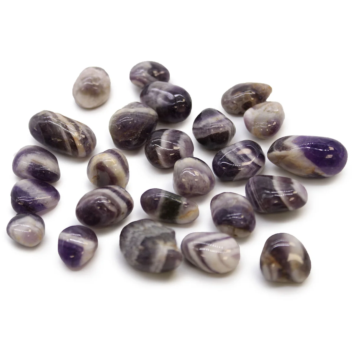 Small polished chevron amethyst stones in various shades of purple, showcasing their natural banded patterns and smooth surfaces