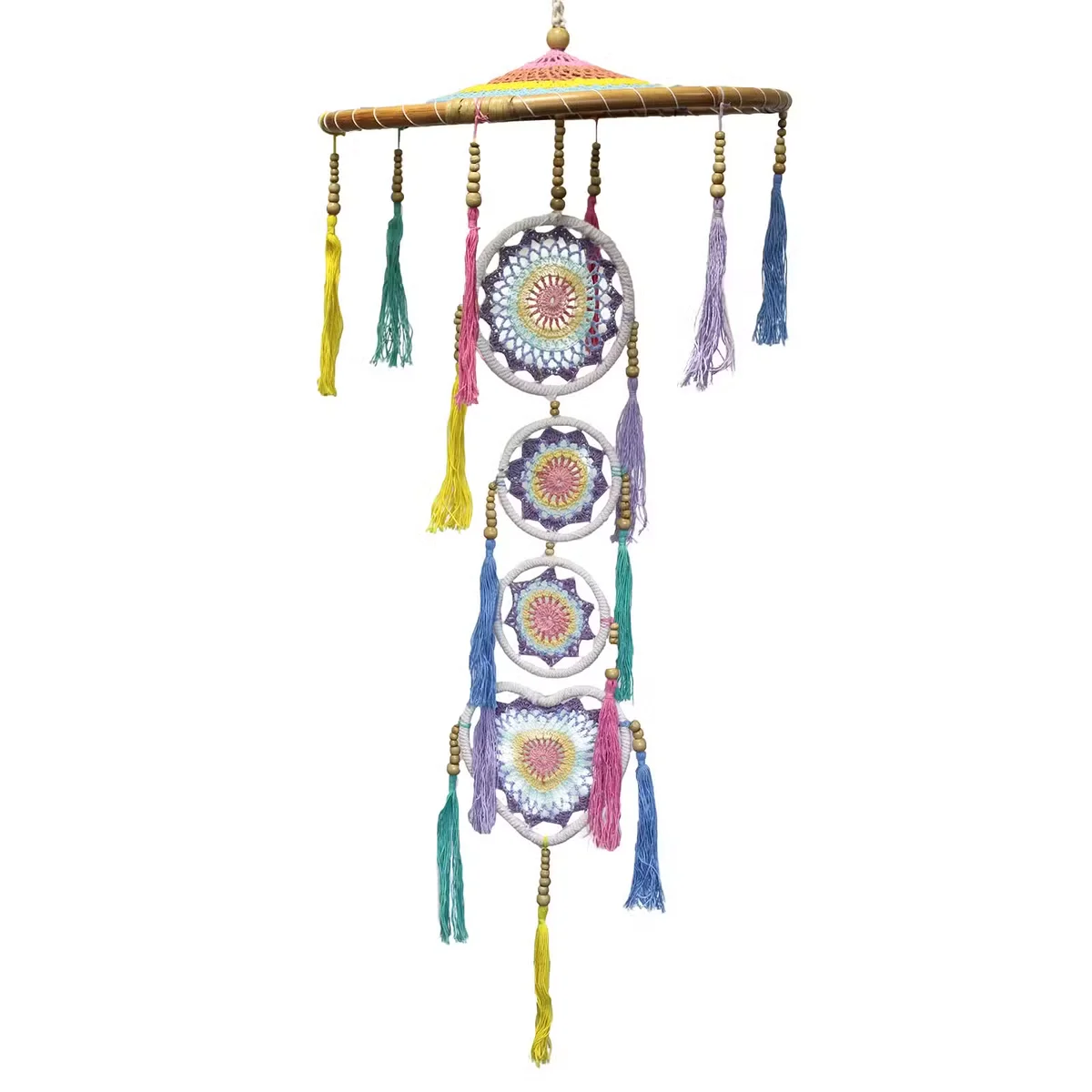 Pastel rainbow large boho style dreamcatcher, dramatic silk and bead design