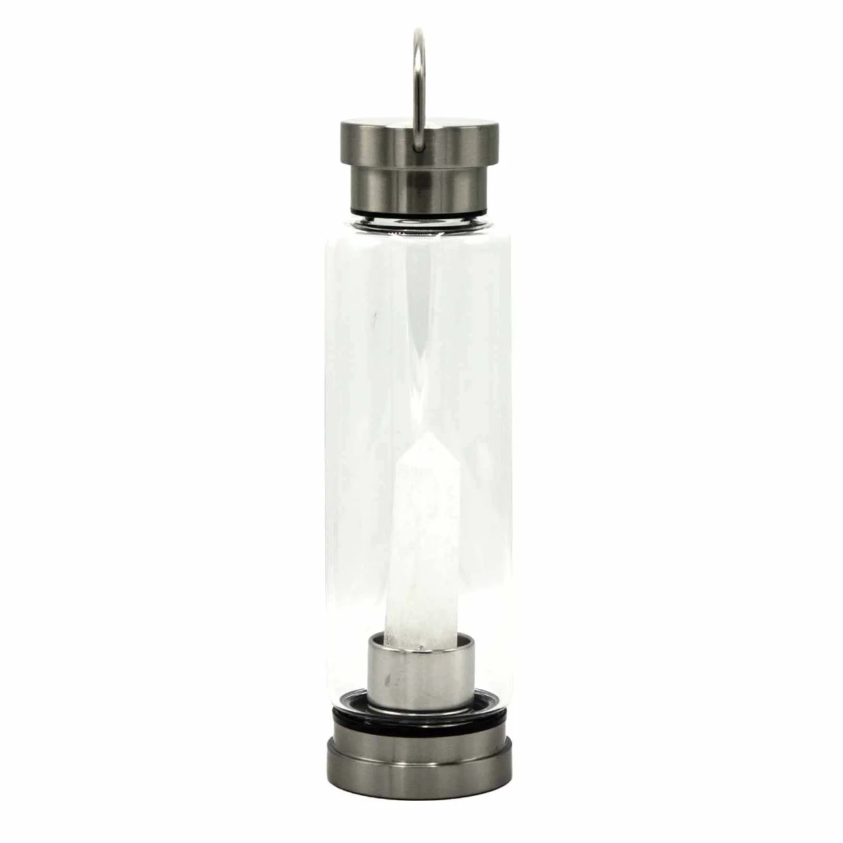 Crystal infused water bottle featuring a clear quartz obelisk design in glass