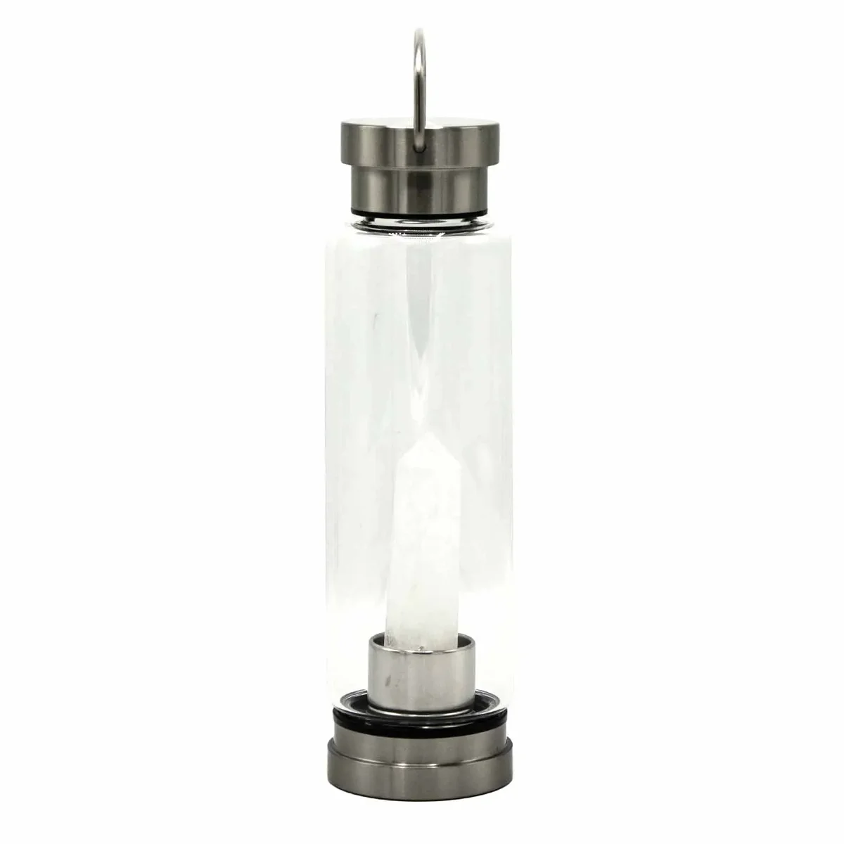 Glass water bottle decorated with clear quartz crystals, obelisk shape, crystal infused, cleansing water bottle
