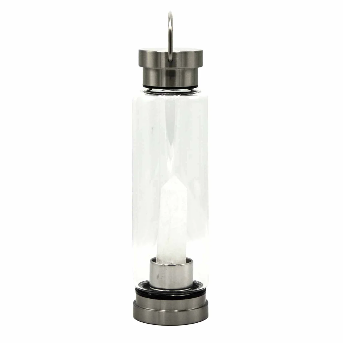 Clear quartz bottle shaped like an obelisk, crystal infused glass water bottle.