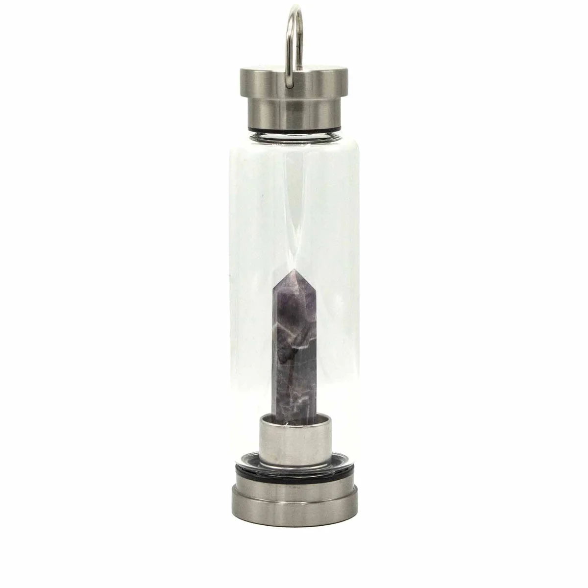 Crystal infused water bottle with amethyst glass and obelisk shape, elegant and relaxing