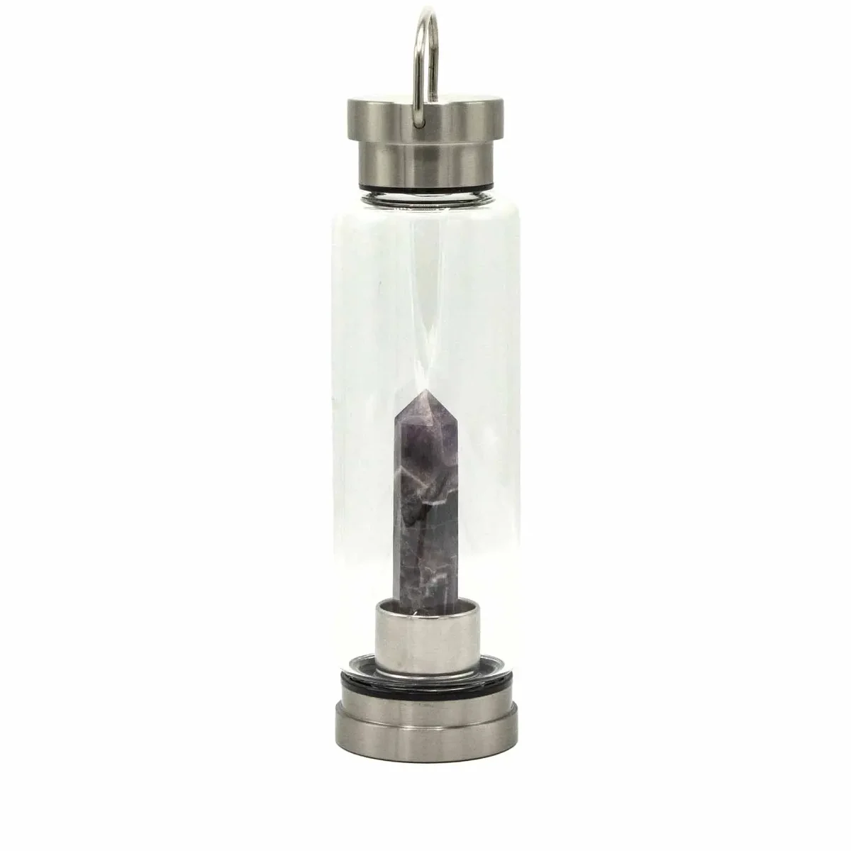 Crystal infused glass water bottle featuring an amethyst obelisk design.