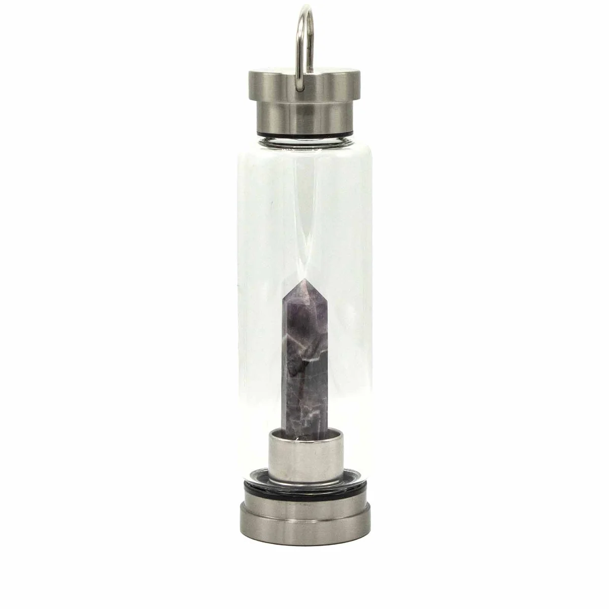 Amethyst water bottle with obelisk glass design, crystal infused, glowing purple in sunlight.