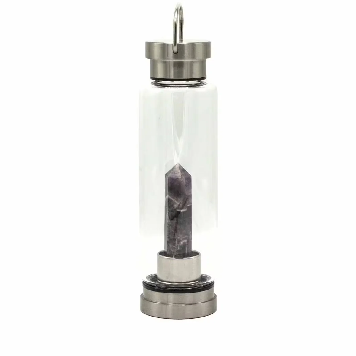 Glass water bottle with amethyst crystal fragment, obelisk design, crystal infused bottle