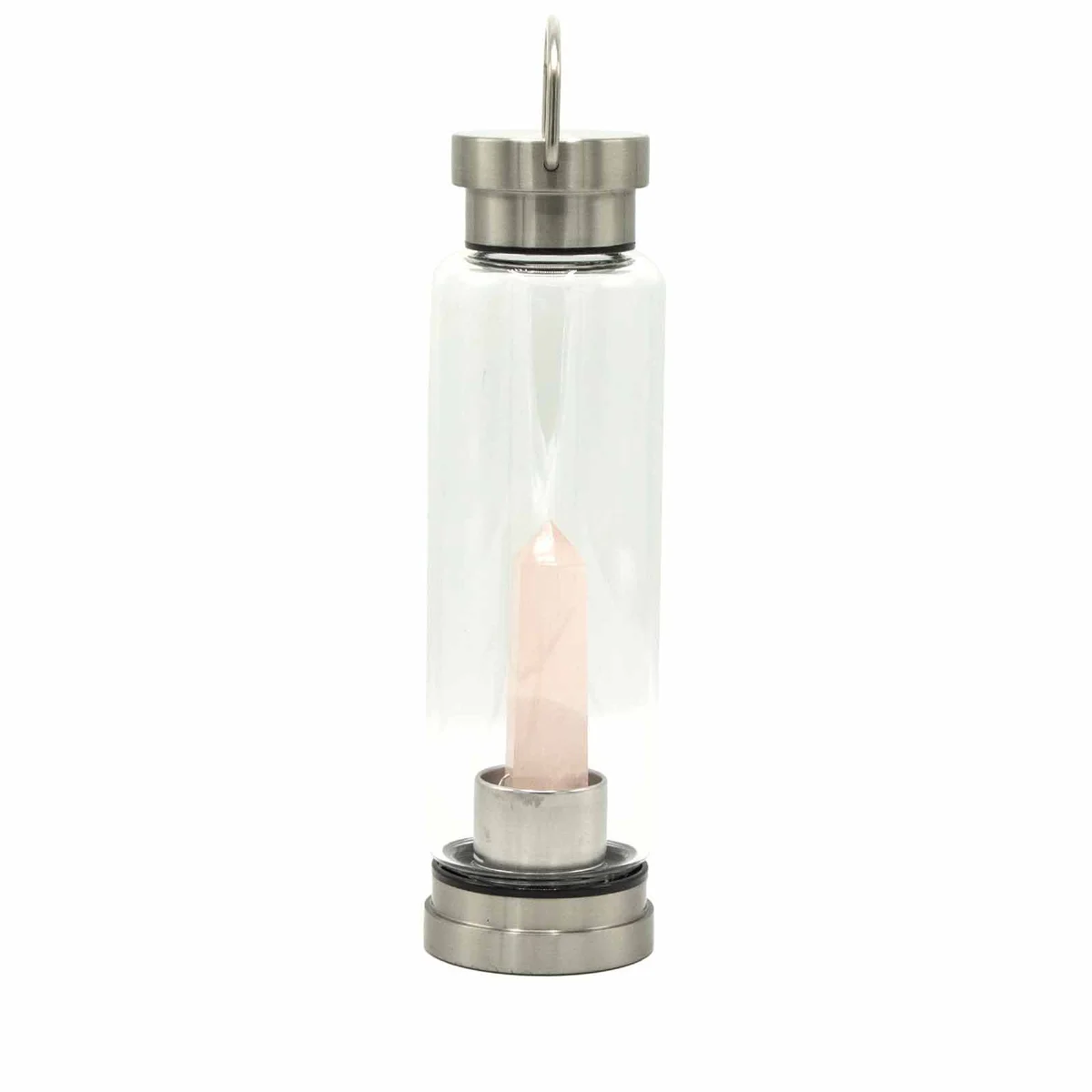 Glass water bottle with rose quartz crystals, obelisk design, crystal infused water bottle