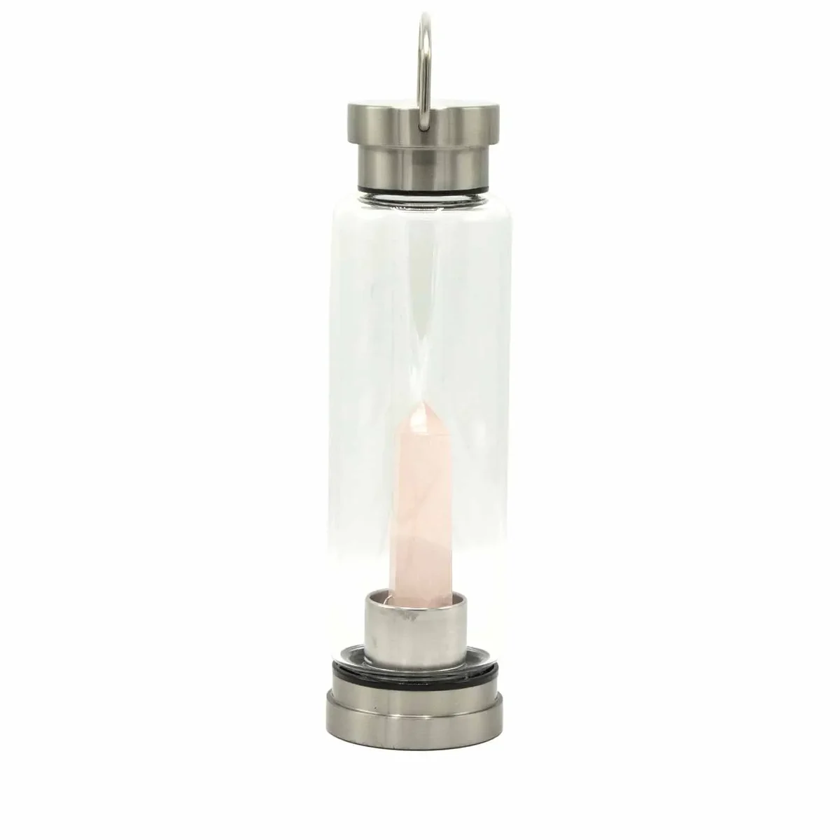 Crystal-infused glass bottle, rose quartz water bottle, obelisk shape, clear sleek design.
