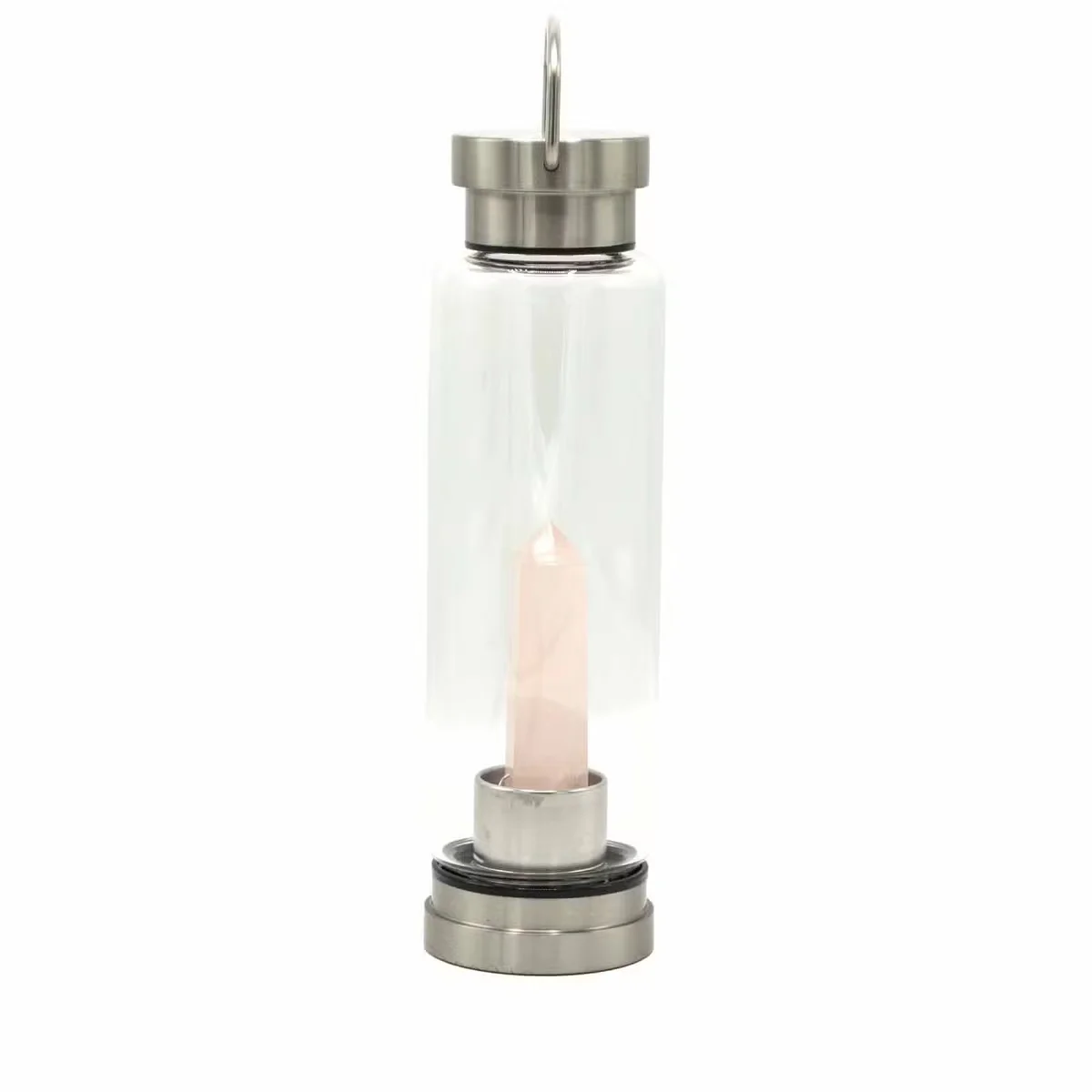 Crystal-infused glass water bottle with rose quartz obelisk, a rejuvenating water bottle