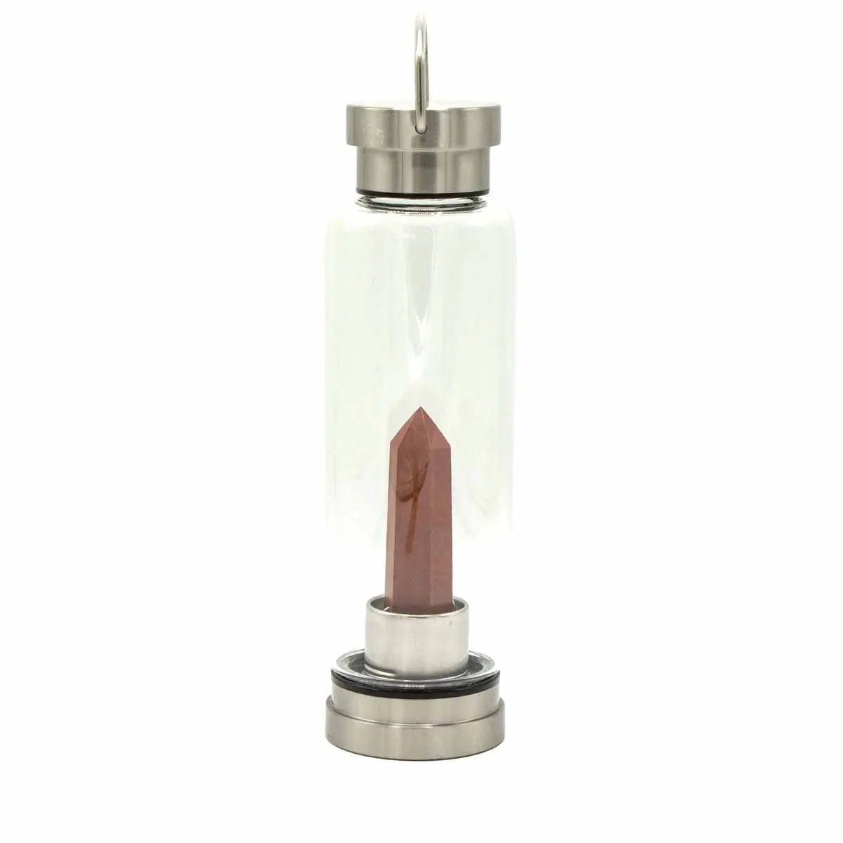 Crystal infused glass red jasper water bottle with obelisk crystal, sleek and transparent design.