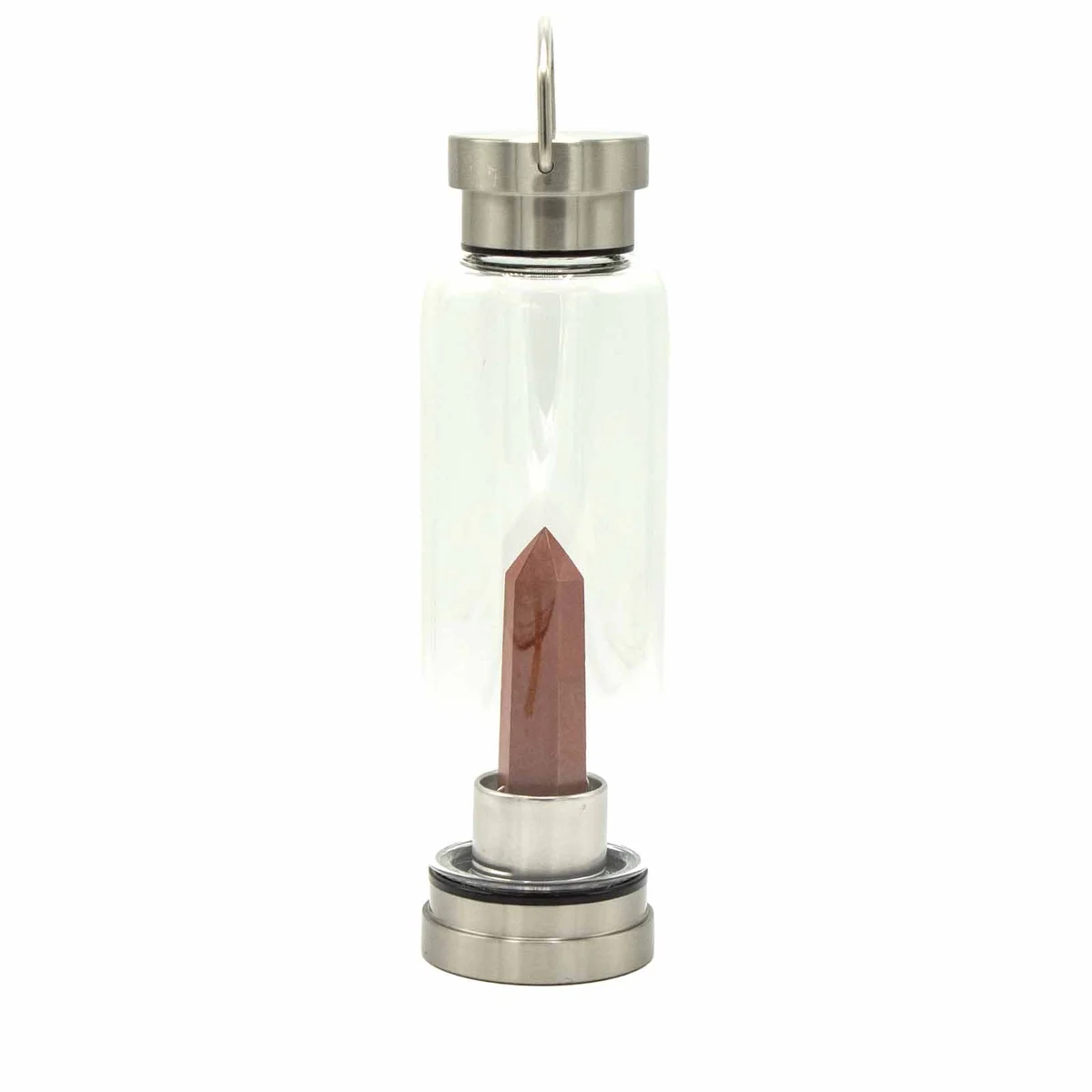 Crystal infused glass water bottle with red jasper obelisk design