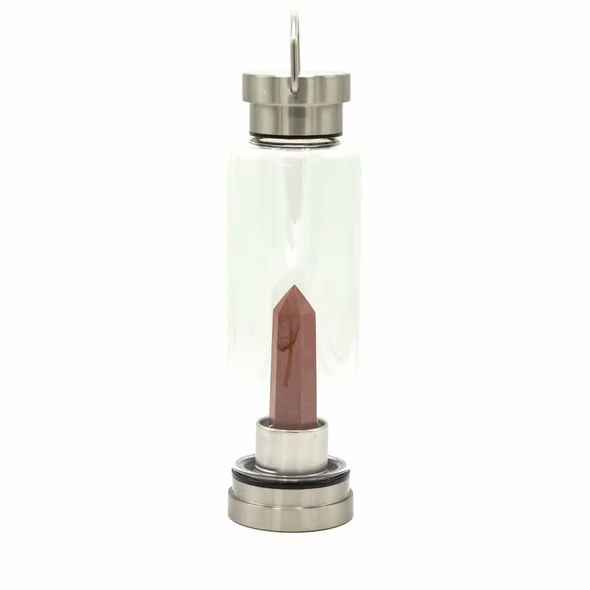 Crystal infused glass bottle with red jasper, obelisk shape – a stylish invigorating water bottle.