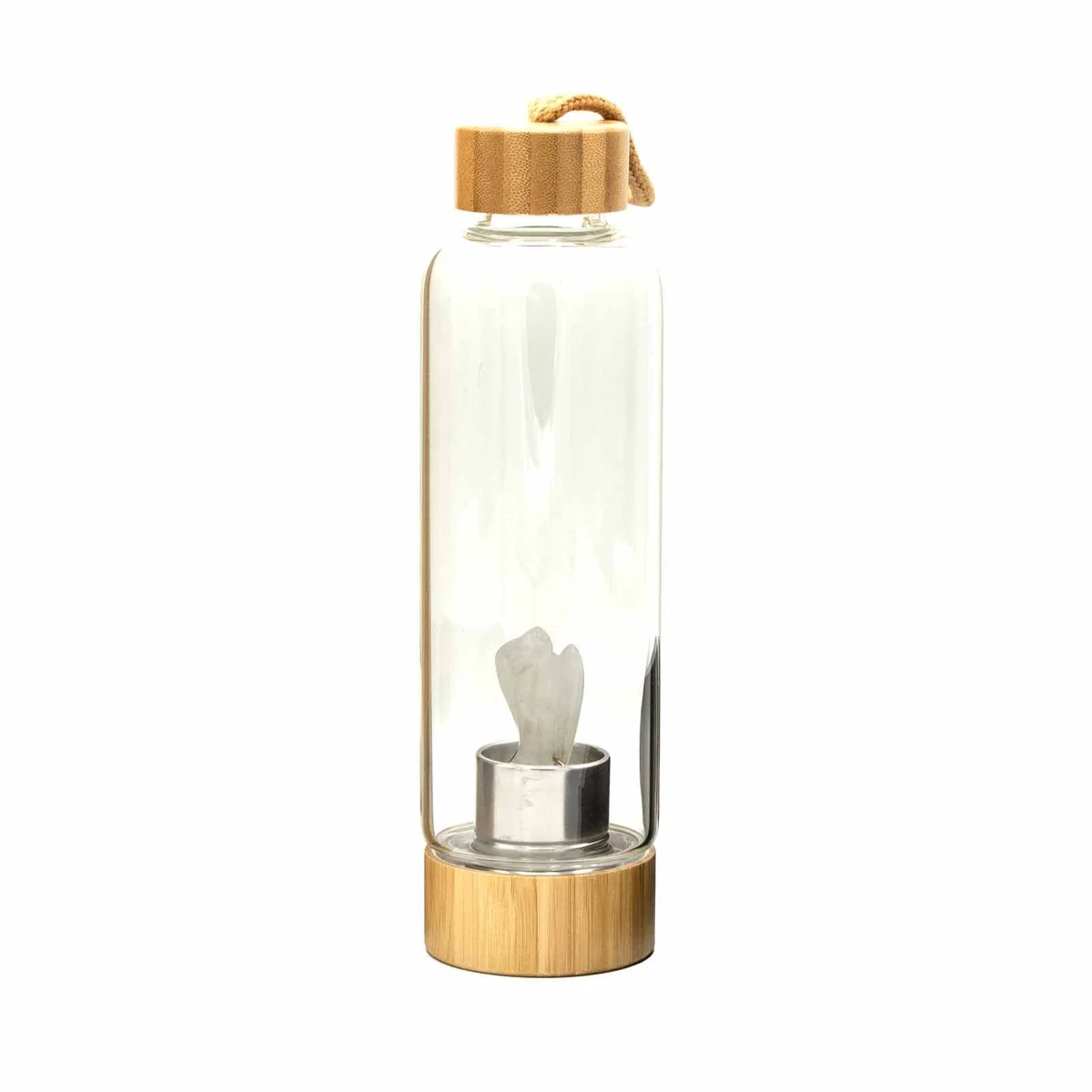 Crystal infused water bottle with clear quartz crystals, sleek glass design, angelic motif.