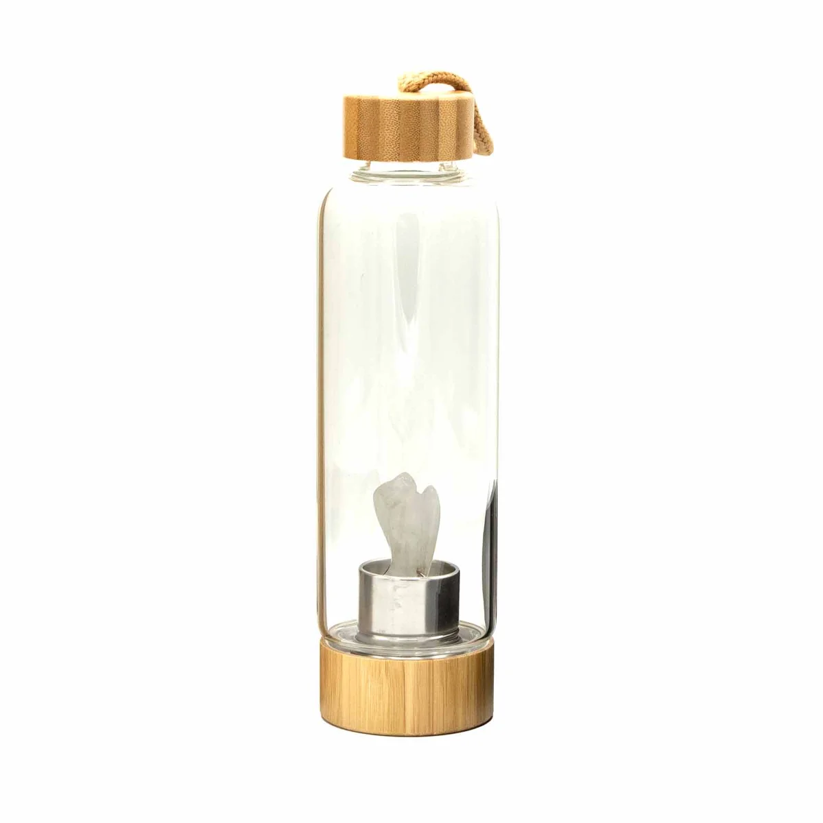 Clear quartz bottle featuring a glass water bottle infused with crystal, angel-themed design.