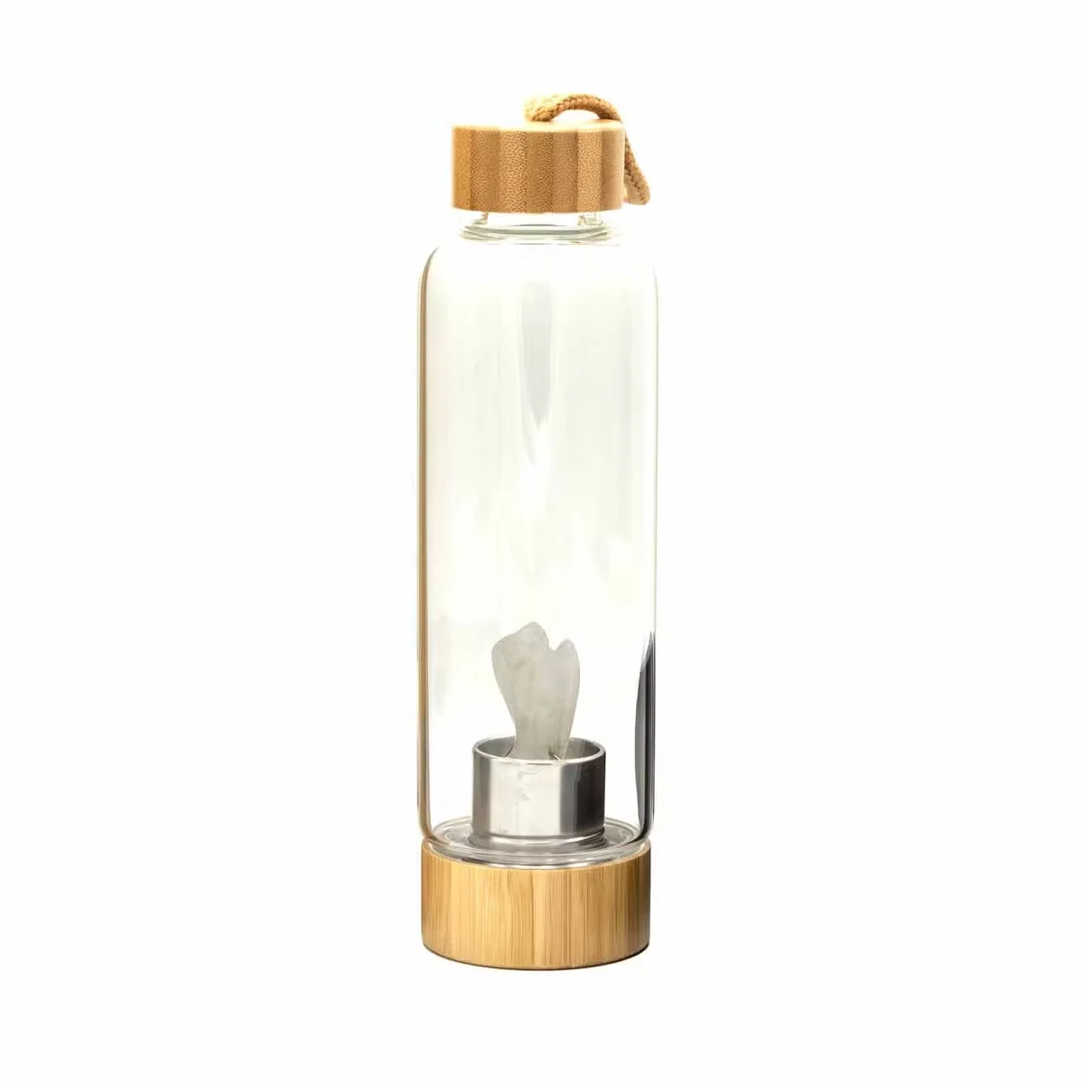Glass water bottle infused with clear quartz crystals, featuring an angel motif, labeled cleansing water bottle.