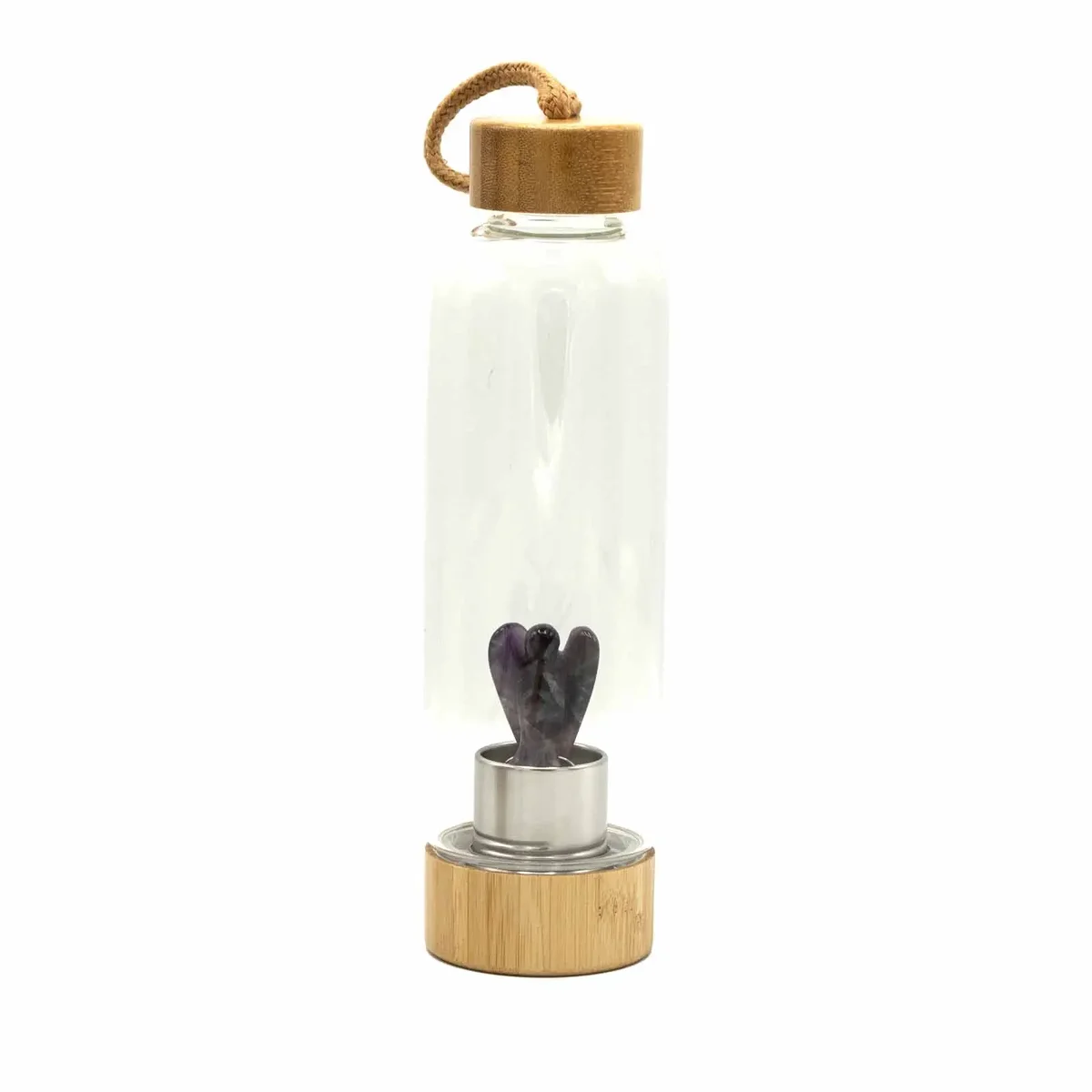 Amethyst crystal infused glass water bottle with angel design.