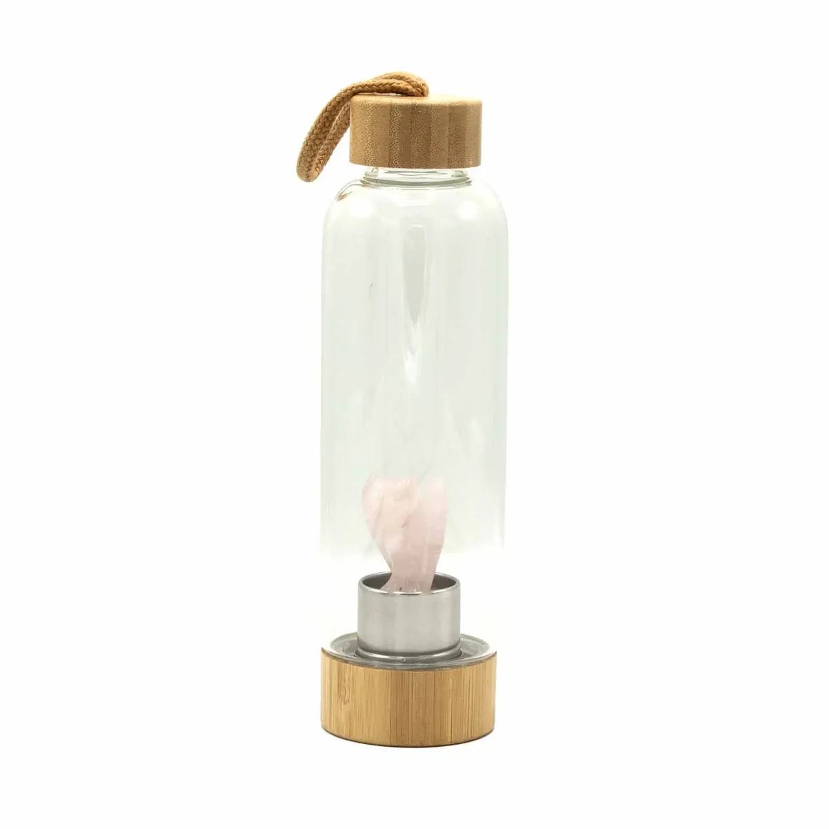 Clear glass rose quartz water bottle with crystals, labeled Angel, sleek design and subtle sparkle