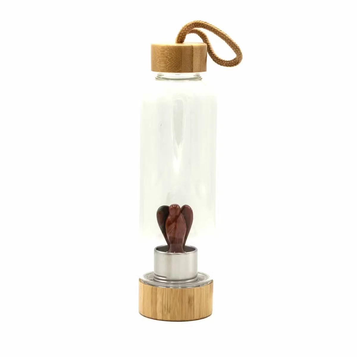 Crystal infused glass water bottle featuring red jasper accents, labelled 'Angel' – an elegant angel water bottle.