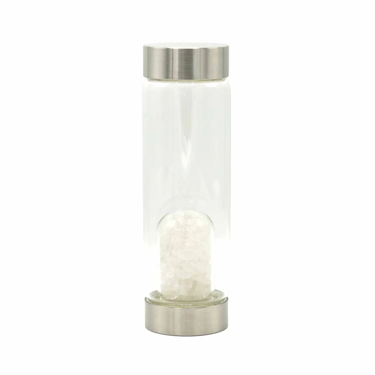 Clear glass water bottle with translucent clear quartz chips, crystal infused water bottle