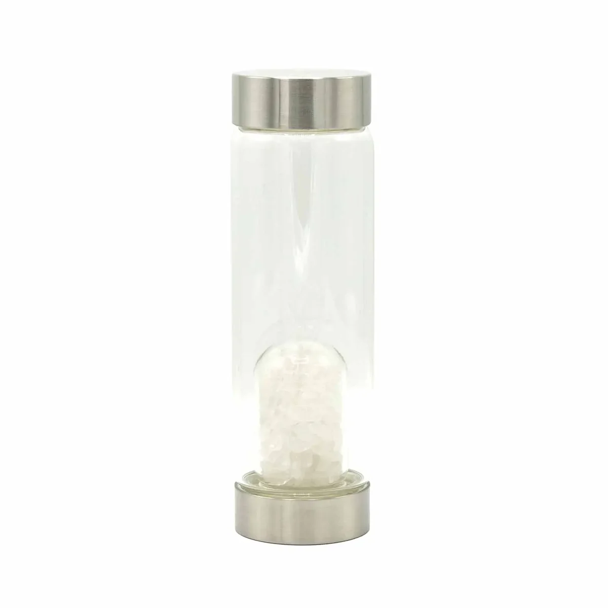 Clear quartz water bottle with crystal chips inside, displayed in a transparent glass bottle.