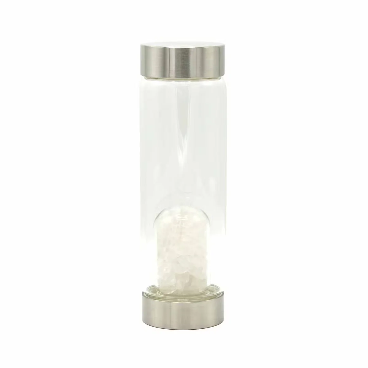 Crystal infused glass bottle containing clear quartz chips, showing a translucent glass design with embedded crystals.