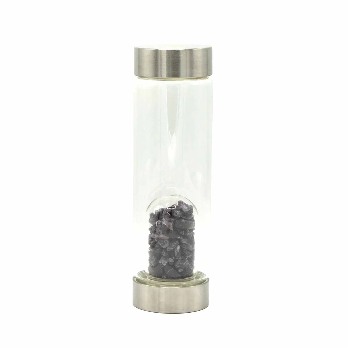 Amethyst crystal water bottle with glass body and visible amethyst chips.