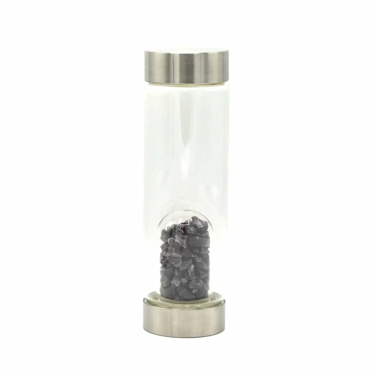 Crystal infused glass water bottle showing clear bottle with amethyst crystals inside, closed lid