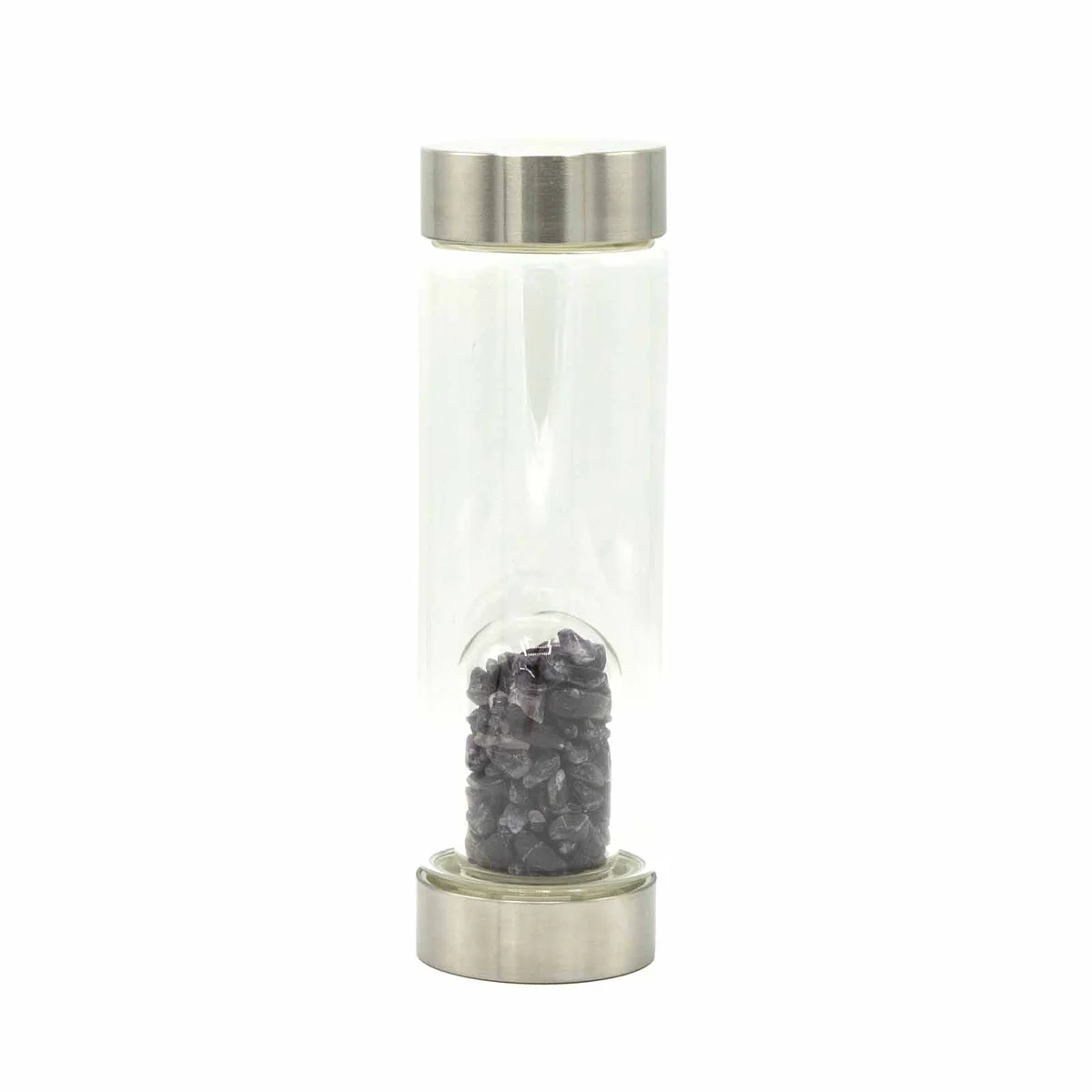 Crystal infused bottle with amethyst crystal chips inside clear glass water bottle