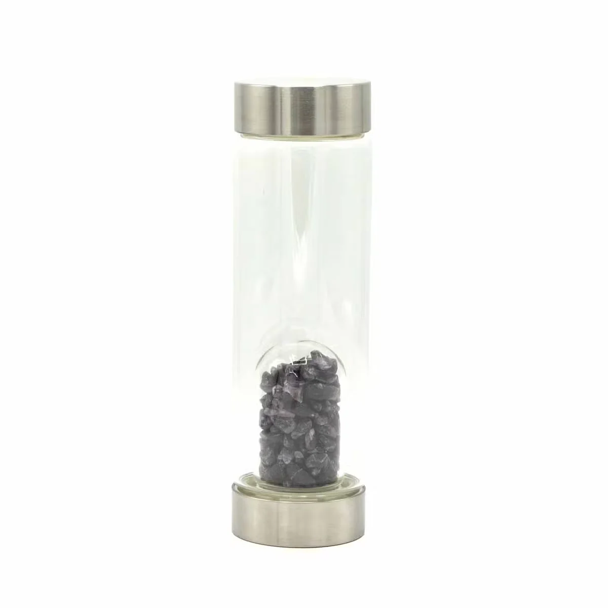 Amethyst water bottle with crystal infused glass and amethyst chips, showing a clear glass bottle with crystals.