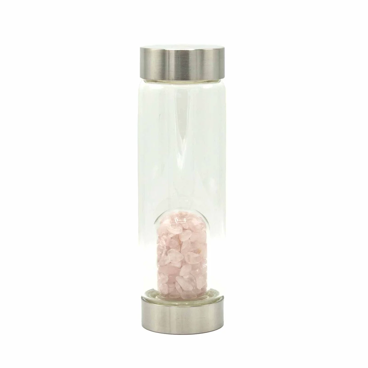 Rose quartz water bottle with crystal‑infused glass and rose quartz chips.
