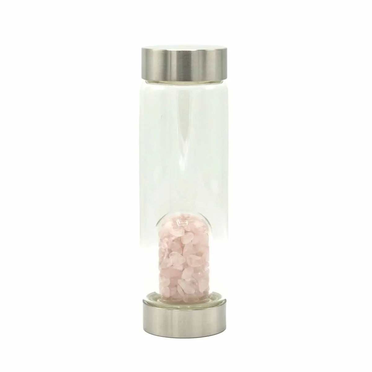 Glass water bottle infused with rose quartz chips, crystal accents and refreshing design.