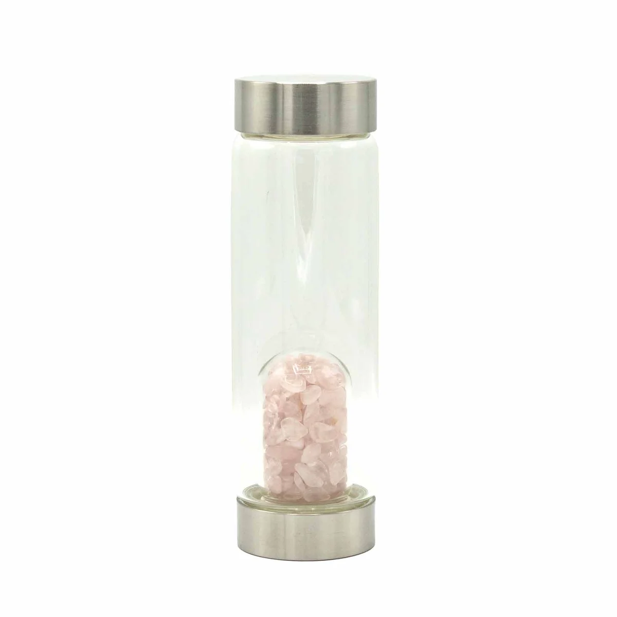 Crystal infused bottle with rose quartz chips, clear glass water bottle.