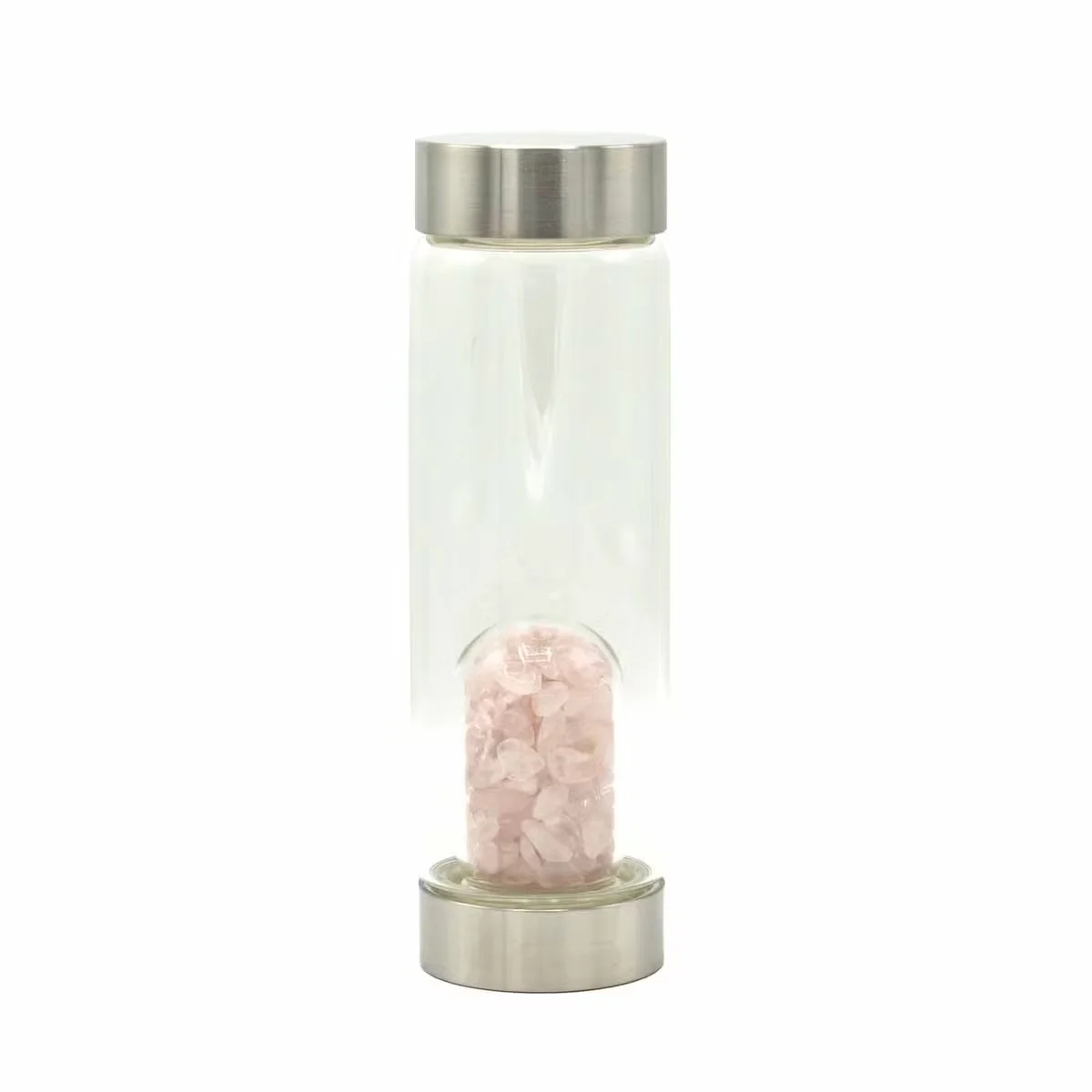 Clear glass bottle infused with rose quartz crystals and sparkling chips, showcasing rejuvenating rose quartz.