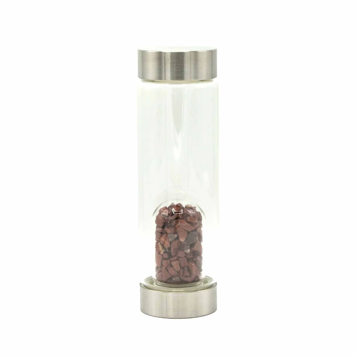 Crystal infused water bottle with vibrant red jasper chips inside, showcasing a clear glass body and sparkling stone accents.