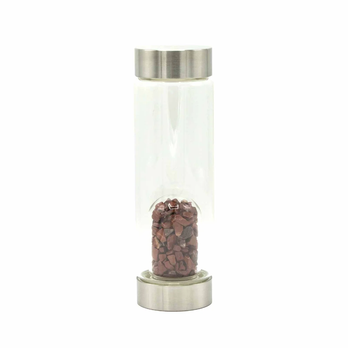 Clear glass water bottle with bright red jasper chips inside, a beautiful red jasper bottle