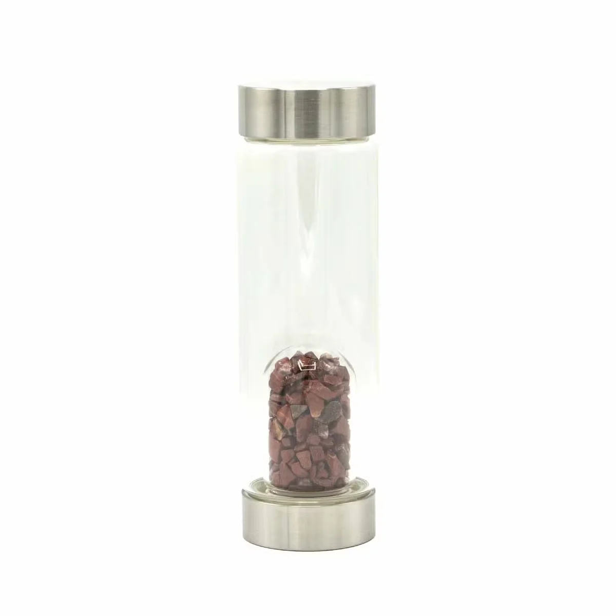 Crystal water bottle with red jasper chips, clear glass body and black cap.