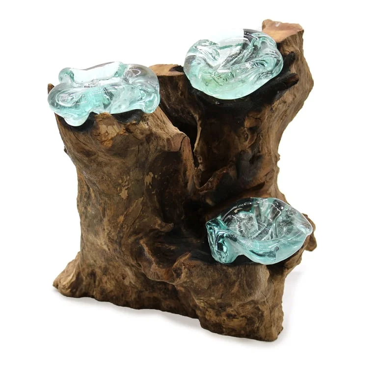 Molton glass triple candle holder on a wooden candle holder base