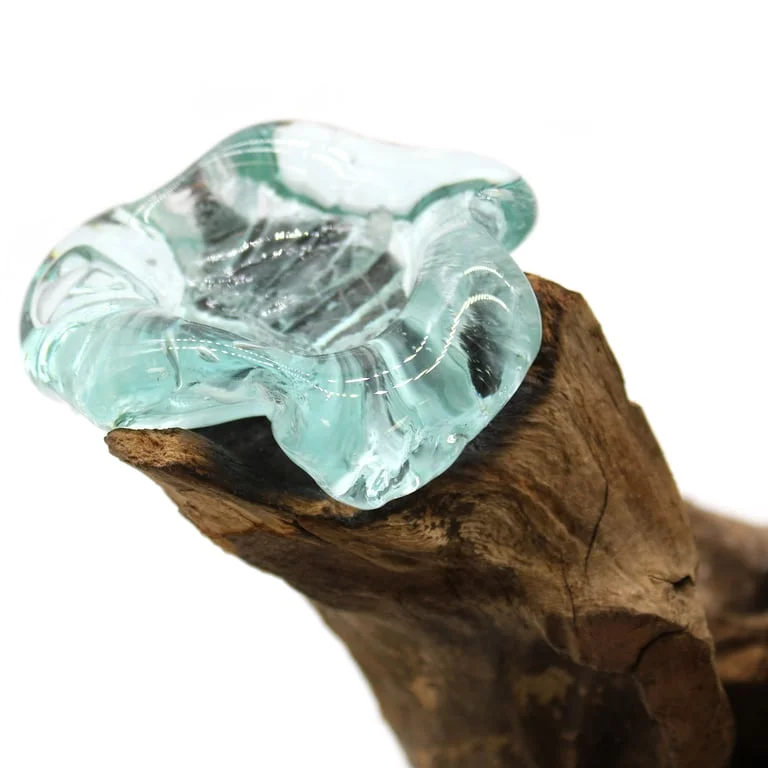 Three glass candle holder on wood base, each with clear glass cup for a candle.