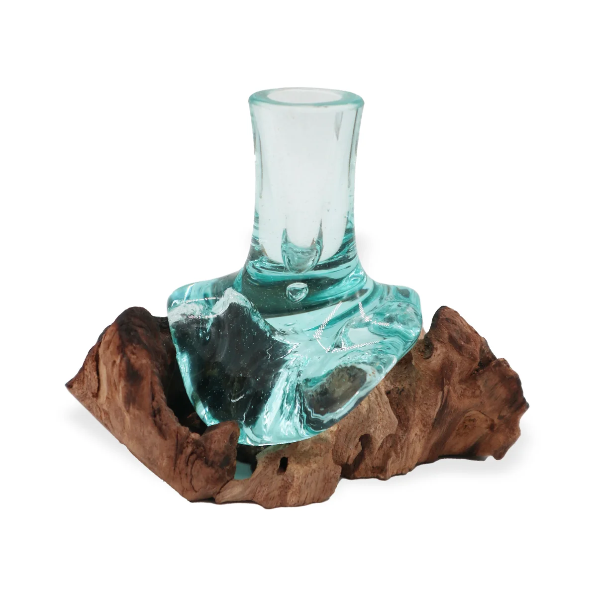Small decorative vase made of Molton glass perched atop a wooden base.