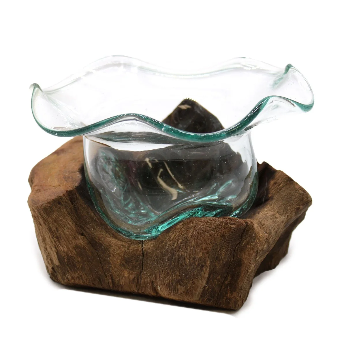 Molton glass sweet bowl perched on a wooden base, clear frosted shape with wooden saucer underneath.