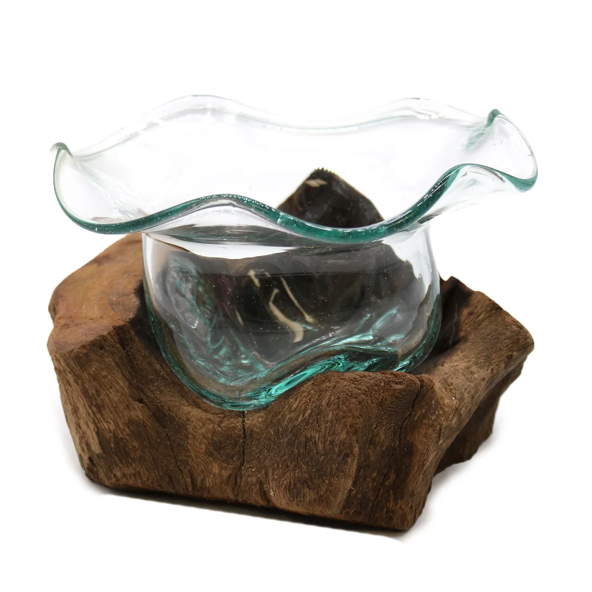 Glass sweet bowl sits on a wooden base bowl, showcasing glossy blue finish and polished edges.