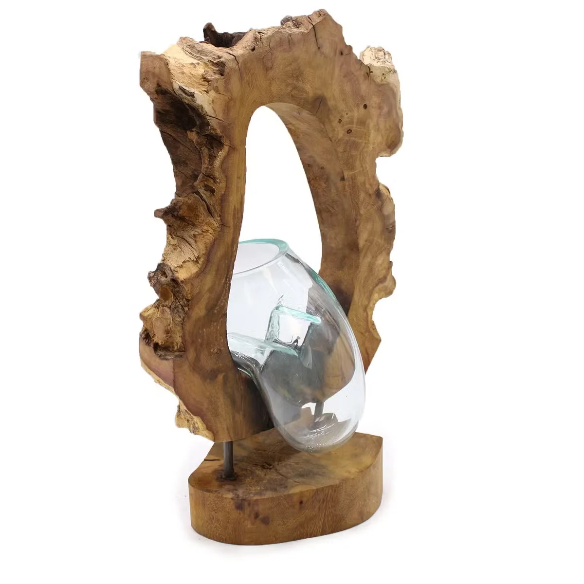 Decorative hanging vase with glass design perched on a wooden support, showcasing Molton Glass art.