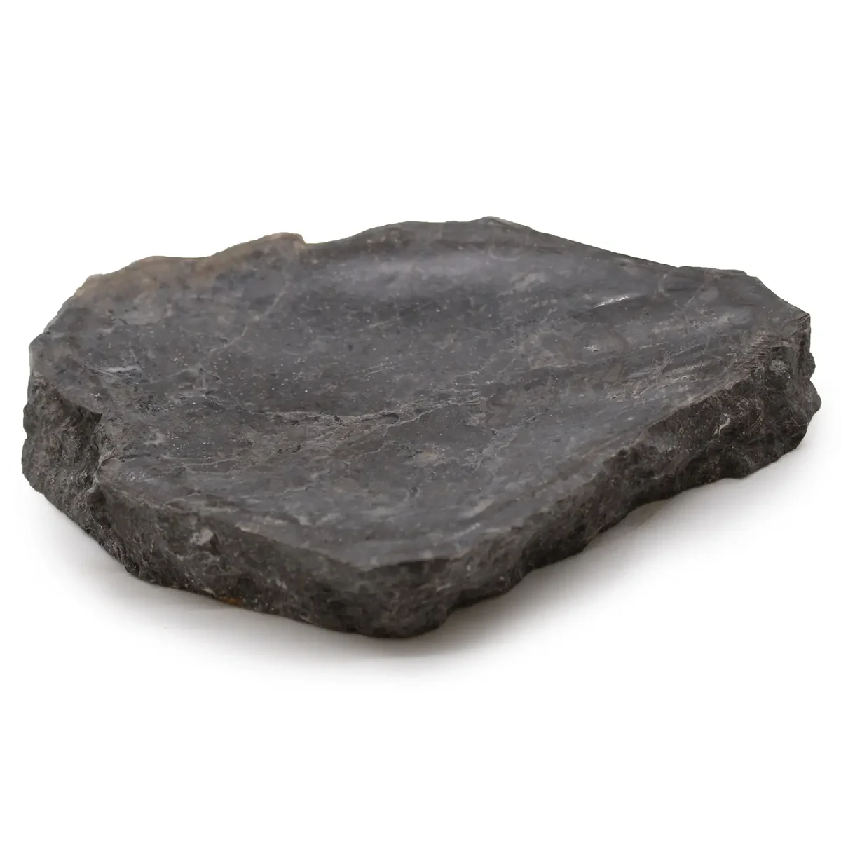 Grey marble soap dish displayed on a wooden tray.